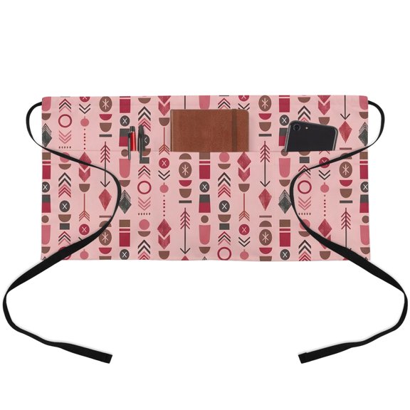 Abstract Tribal Arrows Waitress Apron with 3 Pockets, Boho Middle Century Dusty Rose Vertical Server Aprons Waterproof Kitchen Restaurant Half Waist Apron for Men Women