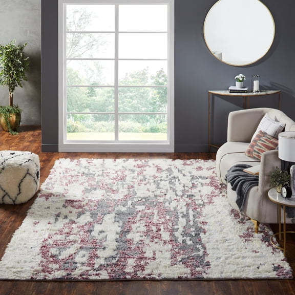 Abstract Tribal Shag Pink/Grey Area Rug 2' x 3' - Pink/Grey