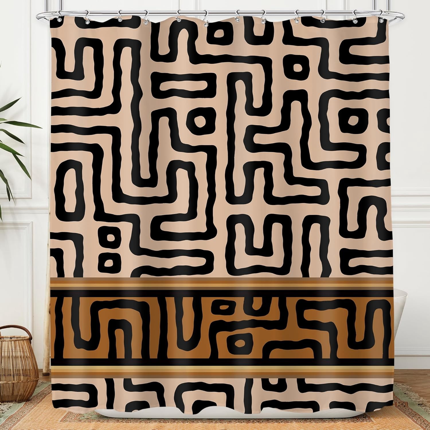 Abstract Tribal Shower Curtain for Bathroom Decor 72Wx72H Inches Indian Aztec African Boho Brown Striped Ethnic Modern Minimalist Geometric Man Boys Fabric Waterproof Polyester 12 Pack Hooks