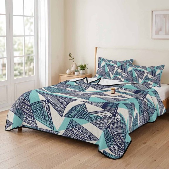 Abstract Tribal Triangle Pattern 3 Pieces Quilt Set,1 Quilt with 2 Shams,Rustic Geometric Art Bedspread Soft Lightweight Bedding Coverlet Comforter Set for All Season 90"x96"