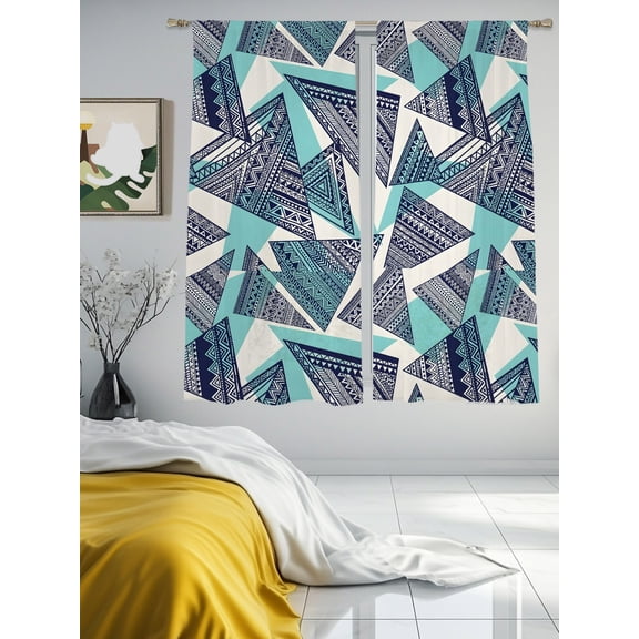 Abstract Tribal Triangle Pattern Chiffon Sheer Curtains 63 Inches Long Rustic Geometric Art Rod Pocket Window Curtains Voile Drapes Curtains for Living Room Bedroom,2 Panels