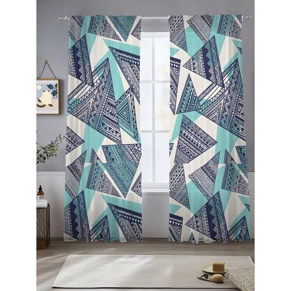 Abstract Tribal Triangle Pattern Chiffon Sheer Curtains 84 Inches Long Rustic Geometric Art Rod Pocket Window Curtains Voile Drapes Curtains for Living Room Bedroom,2 Panels