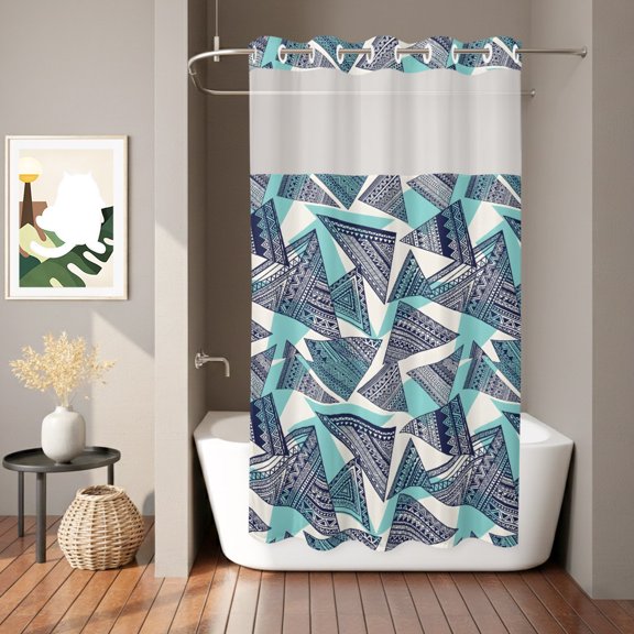 Abstract Tribal Triangle Pattern No Hook Shower Curtain with See Through Top Window,Rustic Geometric Art Waterproof Shower Curtains for Home Hotel Bathroom Decor,36x72in