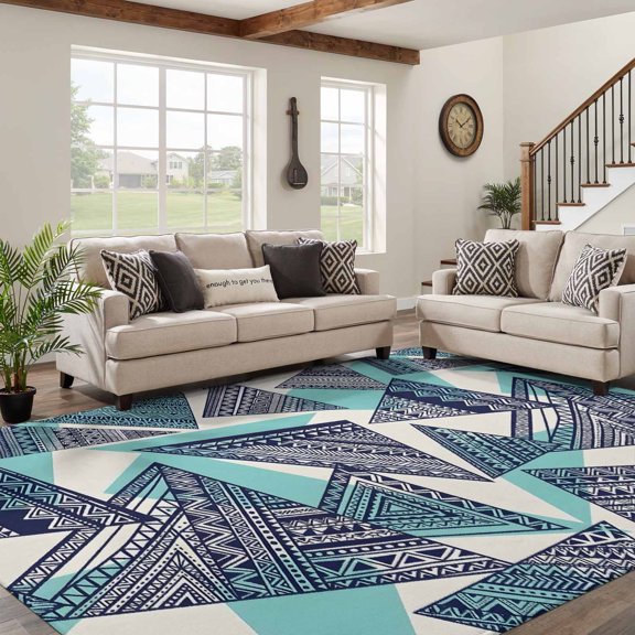 Abstract Tribal Triangle Pattern Living Room Area Rug 6x9ft, Washable Non-Slip Low Pile Rug Rustic Geometric Art Soft Non-Slip Carpet, Indoor Carpet for Entryway Bedside Dorm