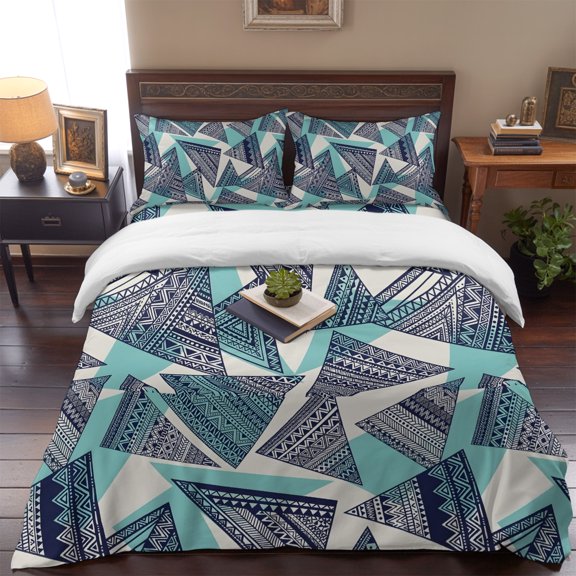 Abstract Tribal Triangle Pattern Queen Size Bed Set,Rustic Geometric Art Bedding for All Seasons,4 Pcs Bed Set,1 Quiltcover (90"x90"),1 Sheet (90"x102"),2 Pillowcases (20"x30")