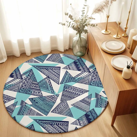 Abstract Tribal Triangle Pattern Round Area Rug 3ft,Living Room Rug Non-Slip Washable Circle Rugs Pad,Rustic Geometric Art Soft Floor Carpet for Bedroom Dining Room