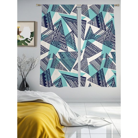Abstract Tribal Triangle Pattern Sheer Curtains 2 Panels Set Rustic Geometric Art Lihgt Filtering Rod Pocket Voile Drape,Semi Sheer Window Curtains for Bedroom Living Room,52"x63"