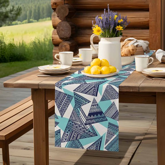 Abstract Tribal Triangle Pattern Table Runner 13x36in Non-Slip Cotton Linen Table Runners, Rustic Geometric Art Dresser Scarves TableRunner for Dinner Kitchen Dining Wedding Party