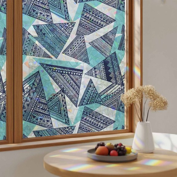 Abstract Tribal Triangle Pattern Window Privacy Film,Heat Control Sun Blocking Static Cling Rainbow Film,Rustic Geometric Art Non-Adhesive Glass Sticker Door Window Tint,17.7" x 39.3"