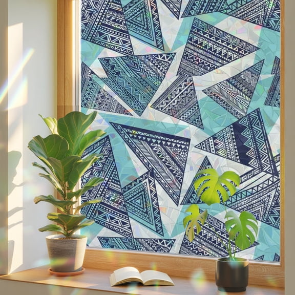 Abstract Tribal Triangle Pattern Window Privacy Film, Rainbow Film Decorative Window Sticker 17.7x39.3in, Rustic Geometric Art Sun Blocking Static Stained Glass Cling Tint Non-Adhesive