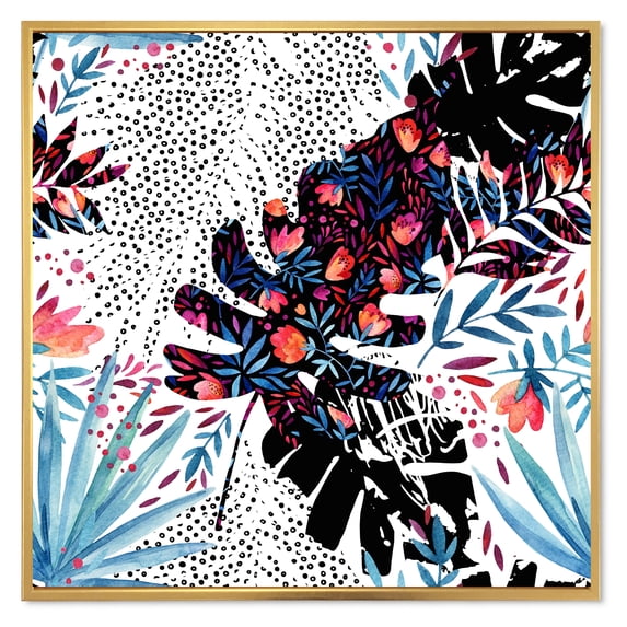 Abstract Tropical Floral Patchwork I 16 in x 16 in Framed Painting Canvas Art Print, by Designart