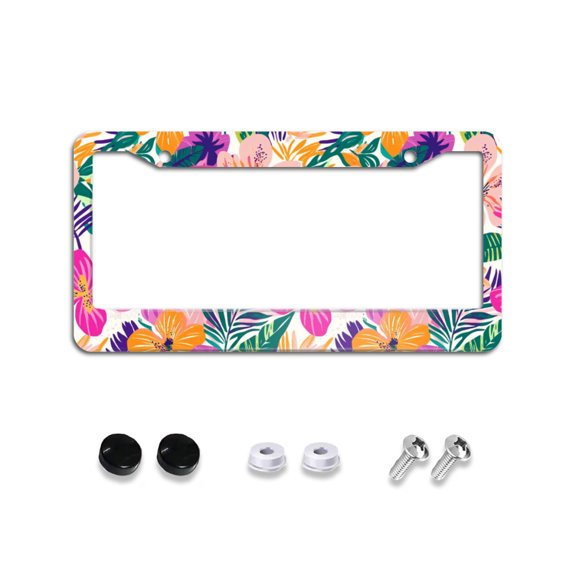 Abstract Tropical Flowers and Leaves License Plate Frames Universal Aluminum Tag Holder Cover with 2 Holes Screws for Front Rear Car Plate Decor 12x6 Inch for Women Men