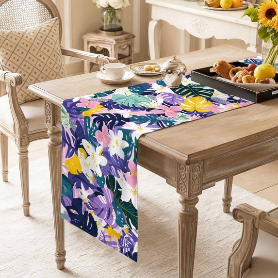 Abstract Tropical Leaves Floral Table Runner 13x90in Non-Slip Cotton Linen Table Runners, Summer Blossom Floral Dresser Scarves TableRunner for Dinner Kitchen Dining Wedding Party
