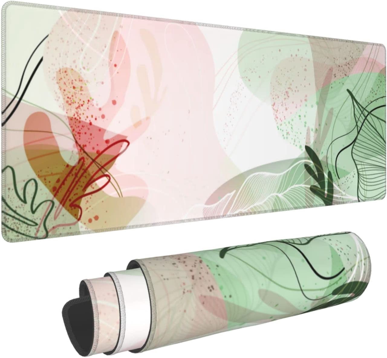 Abstract Tropical Leaves Gaming Mouse Pad XL, Extended Stitched Edges Mousepad, Large Mouse Mat Desk Pad, Long Non-Slip Rubber Base Mice Pad（31.5x12 Inch）