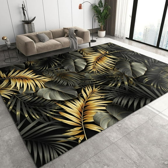 Abstract Tropical Plant Art Rug, Black Gold Palm Banana Leaf Rug, Non-slip Backing, Washable Mat For Living Room, Bedroom, Entryway, Hallway, Dining Room 1x2ft