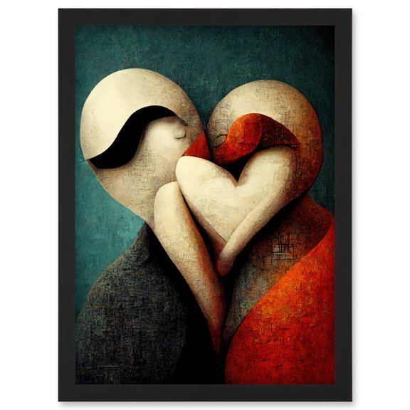 Abstract True Love Modern Teal Coral Black Artwork Framed Wall Art Print A4