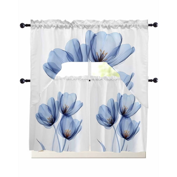Abstract Tulip Flower 3 Piece Swag Kitchen Curtains Set Blue Floral Transparent Valance and Tier Curtains 24 In Long, 56" x 36" Window Topper for Cafe Bathroom Bedroom