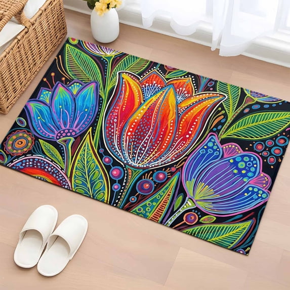 Abstract Tulip Flowers Entryway Rug 2'x3' Non Slip Front Door Mats, Spring Colorful Floral Leaf Plant Entrance Rugs Indoor Outdoor Carpet, Washable Floor Mats Small Area Rug for Bedroom Kitchen