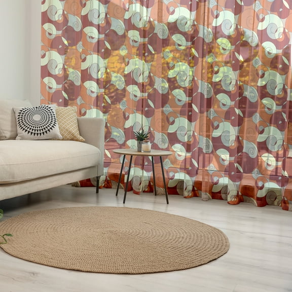 Abstract Tulle Curtains with Rod Pocket, Abstract Bold Spiral Motifs Circled Modern Pattern with Stripe Details, Sheer Drape for Wedding Party 2 Panels, 7 Sizes, Orange Ruby Ivory, by Ambesonne