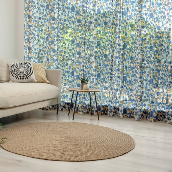 Abstract Tulle Curtains with Rod Pocket, Abstract Circle Round in Color Bubble Retro Celebration Design, Sheer Drape for Wedding Party 2 Panels, 7 Sizes, Sky Blue Cinnamon, by Ambesonne