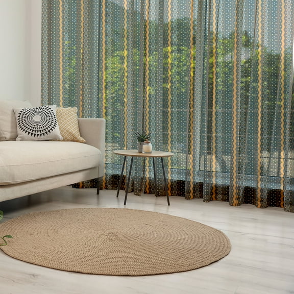 Abstract Tulle Curtains with Rod Pocket, Pattern Folk Vertical Zig Zag Motif, Sheer Drape for Wedding Party 2 Panels, 7 Sizes, Marigold and Black, by Ambesonne