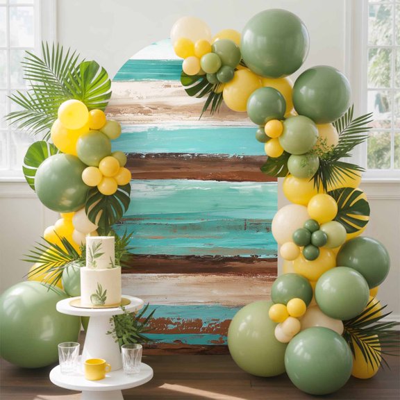 Abstract Turquoise Arch Backdrop Cover, 6FT, and Brown Gradient Wood Board Spandex Arch Covers Double-Sided Backdrop for Wedding Birthday Party Photo Background Decoration