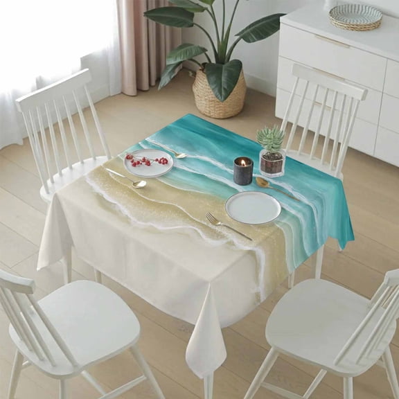 Abstract Turquoise Beige Beach Theme Table Cloth 54x54in, Waterproof Square Tablecloth Wipeable Tablecloths Coastal Ombre Water Ripple Table Covers for Dining Tables Party Indoor Outdoor