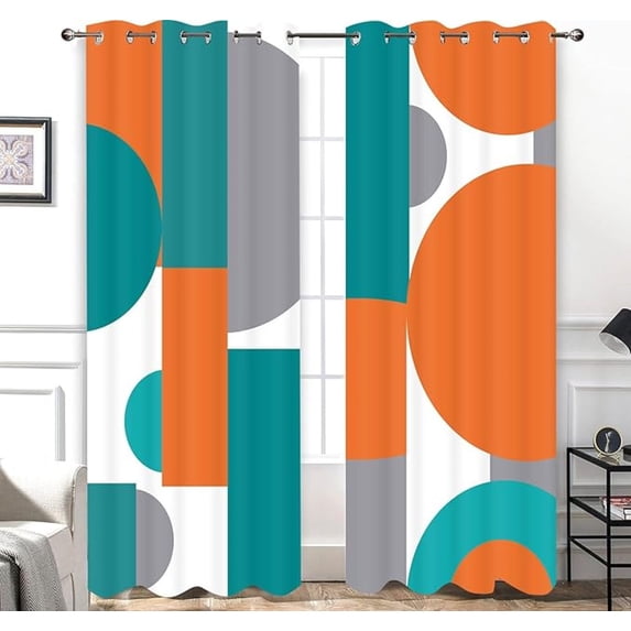 Abstract Turquoise Blackout Curtains Teal Orange Modern Geometric Circles Curtain Gray White Minimalist Aesthetic Vintage Grommets Window Drapes For Bedroom Living Room 42"W x 63"L (Pack of 2)