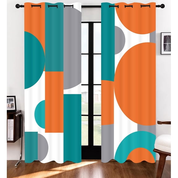 Abstract Turquoise Blackout Curtains Teal Orange Modern Geometric Circles Curtain Mid Century Gray White Minimalist Aesthetic Vintage Grommets Window Drapes 26"W x 45"L (Pack of 2)