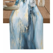 Abstract Turquoise Blue Table Runner-Cotton Linen- 72 Inch Holiday Dresser Scarves, Beach Ocean Waves Marble Gold Tablerunner for Kitchen Coffee/Dining Bedroom Living Room Dinner Scarf Décor 13x72