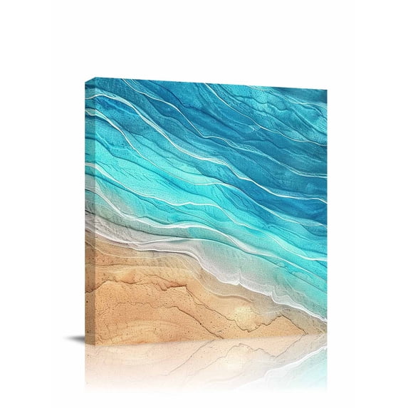 Abstract Turquoise Canvas Wall Art, Ocean Beach Waves Lines Gradient Framed Wall Decor Modern Artwork Prints Painting for Living Room, Bedroom, Kitchen & Cafe Decor 16x16 Inch