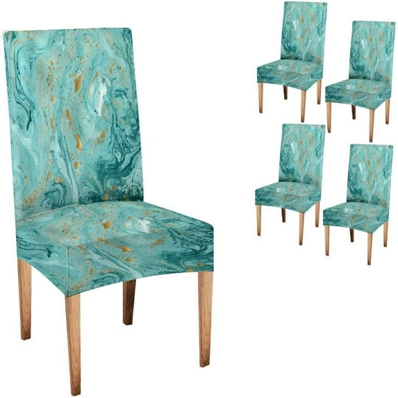 Abstract Turquoise Chair Covers for Dining Room 4 Pack Decorative Turquoise and Golden Paints Super Fit Stretch Removable Washable Short Dining Chair Protector Cover