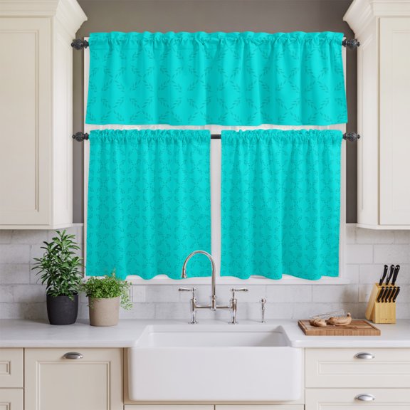 Abstract Turquoise Diamond Leaves Curtain Tier and Valance Set 3 Piece,Modern Art 3-inch Rod Pocket Window Tier Curtains Valance for Kitchen Living Room