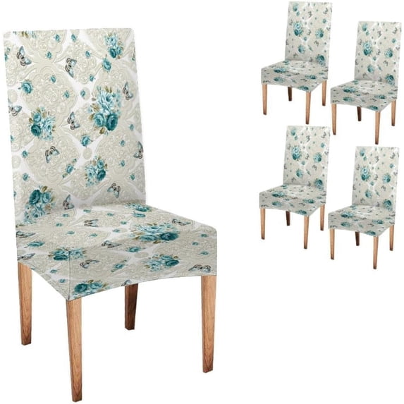 Abstract Turquoise Dining Chair Covers Set of 4 Beige Pattern and Turquoise Roses and Butterflies on White Background Dining Chair Protector Cover Seat Slipcover for Hotel