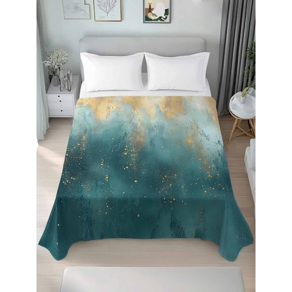 Abstract Turquoise Gold King Size Flat Sheet, Wrinkleproof & Fadeproof Cooling Flat Bed Sheet Only, Modern Minimalist Art Breathable Soft Bedding Top Sheets 105 x 98 Inches