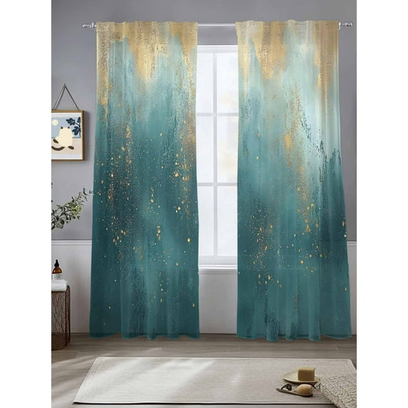 Abstract Turquoise Gold Sheer Curtains for Living Room Bedroom Modern Minimalist Art Sheer Curtains 96 Inch Long 2 Panels Set Light Filtering Curtain Window Treatments Drapes for Dining Room