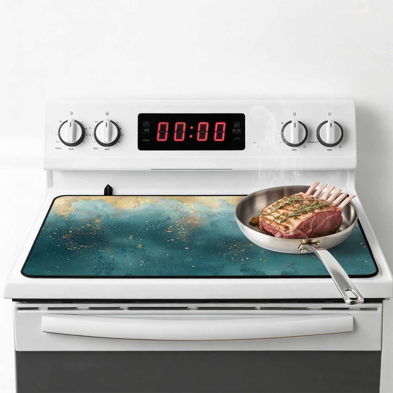 Abstract Turquoise Gold Stove Top Cover for Electric Stove, Heat-proof & Non Slip Glass Top Stove Cover Protector, Modern Minimalist Art Kitchen Flat Cooktop Rubber Mat 24x21 Inches