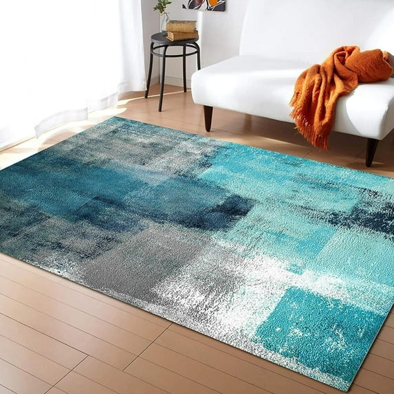 Abstract Turquoise Gray Living Room Rug, Oil Painting Teal Graffiti Area Rugs, Washable Foldable Non Slip Backing Dirty Resistant Carpet For Bedroom Bathroom Entryway Pet Office 4x5ft