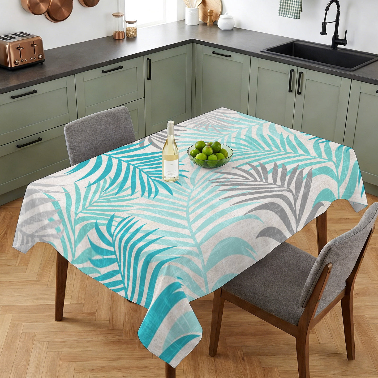 Abstract Turquoise Gray Palms Leaves Plants Table Cloth 52x70in ...
