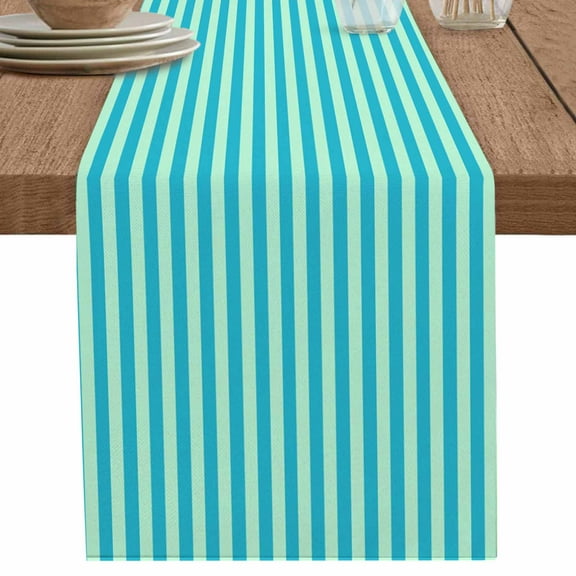 Abstract Turquoise and Green Striped Table Runner-36 Inch Long Minimalist Art Table Runners Linen Burlap Tablerunner for Kitchen Dining Room Holiday Party