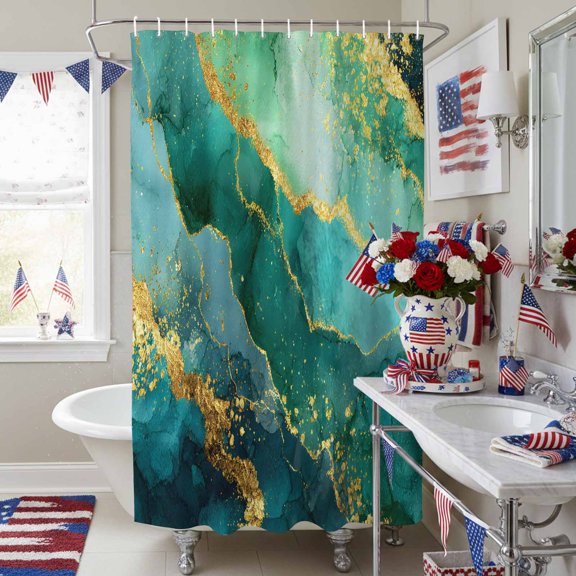 Abstract Turquoise Marble Texture Shower Curtain for Bathroom, Gold Line Stone Style Waterproof Shower Curtains Washable Quick Dry with Hooks Bathtub Curtains 36x72IN