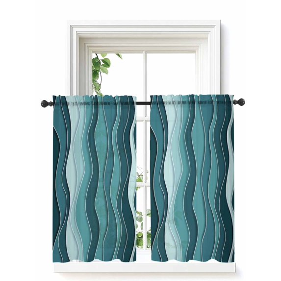 Abstract Turquoise Moire Curtains 54 Inch Length,Sheer Curtains for Bedroom Living Room Window Gradient Coastal Ocean Geometric Rod Pocket Drapes Kitchen Curtains Small Half Window 42"x54" 2 Panels