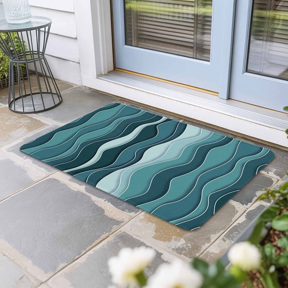 Abstract Turquoise Moire Door Mat Indoor Outdoor,Gradient Coastal Ocean Geometric Non Slip Welcome Mat with Rubber Backing,Absorbent Fabric Front Door Mats Entryway Rug for Home Entrance 24"x36"