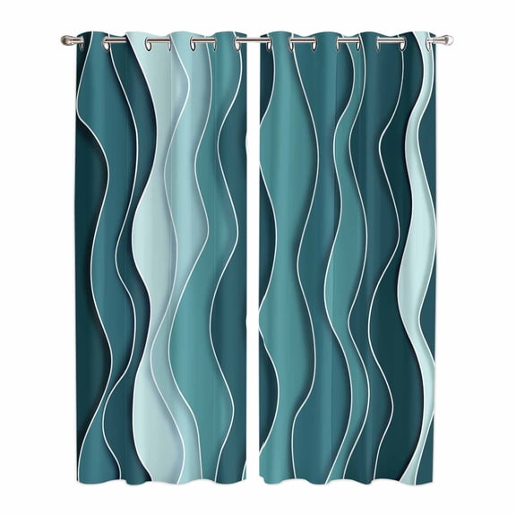 Abstract Turquoise Moire Kitchen Curtains 84 Inch Length, Gradient Coastal Ocean Geometric Grommet Top Bedroom Living Room Curtains, Light Filtering Cafe Curtain Drapes 2 Panels Set 84''x84''