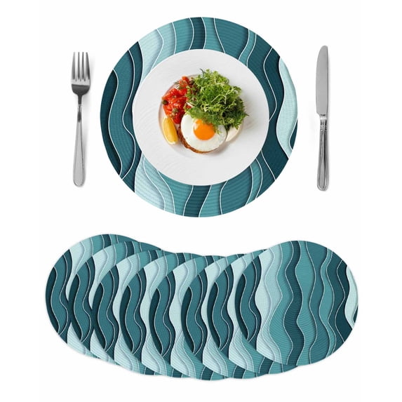 Abstract Turquoise Moire Round 13 Inch Placemats Set of 8, Gradient Coastal Ocean Geometric HeatResistant Non Slip Place Mats for Dining Table, Wipeable Braided Kitchen Table Mats for Housewarming