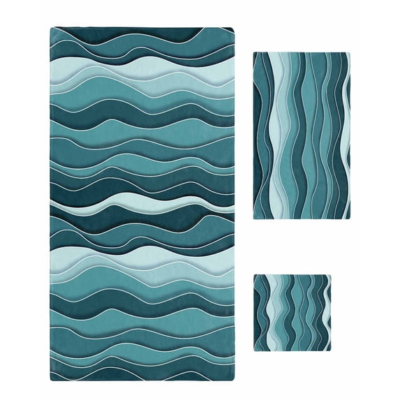 Abstract Turquoise Moire Towel Set of 3, Soft Microfiber Bath Towels, Hand Towel, Washcloths, Gradient Coastal Ocean Geometric Quick-Dry Absorbent Towels for Bathroom Kitchen Hotel Beach Gym Spa