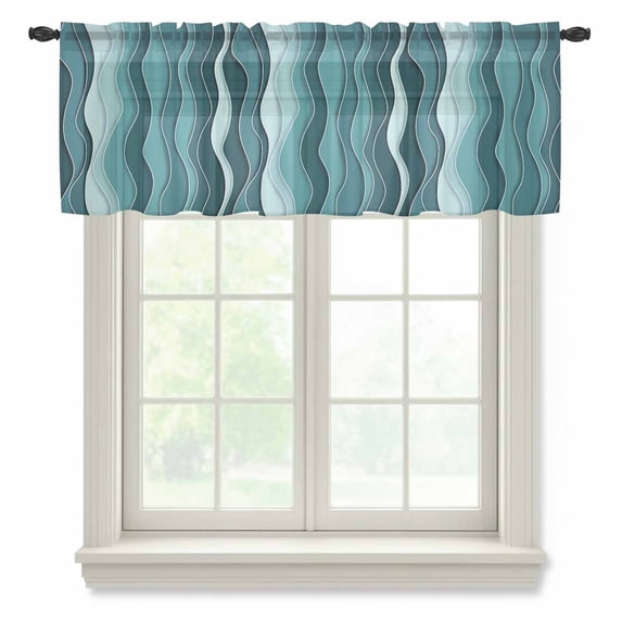 Abstract Turquoise Moire Valance Curtains for Kitchen/Living Room/Bathroom/Bedroom Window,Rod Pocket Small Topper Half Short Window Curtains Voile Sheer Scarf,Gradient Coastal Ocean Geometric 42"x18"