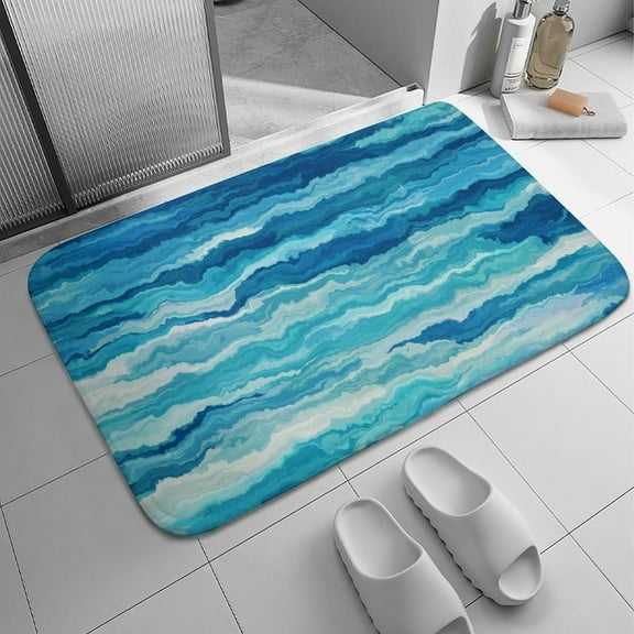 Abstract Turquoise Ocean Waves Bathroom Rugs Boho Art 24 X 16 Inches Bath Mat Non Slip Washable Indoor Door Mat Runner Carpet for Bathroom Home Bedroom