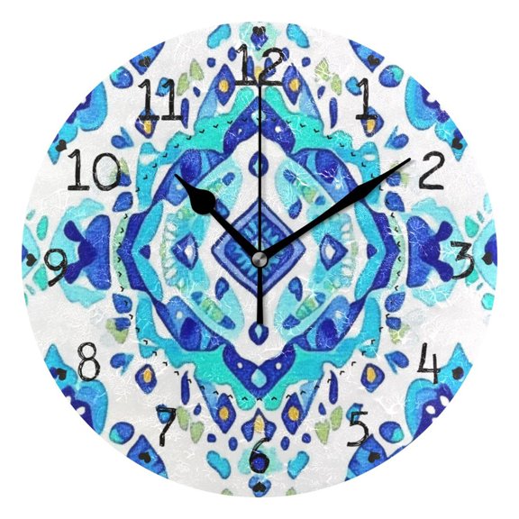 Abstract Turquoise Rhombus Round Wall Clock Silent Analog Battery Operated Black Pointer Home Decor 9.84" Diameter