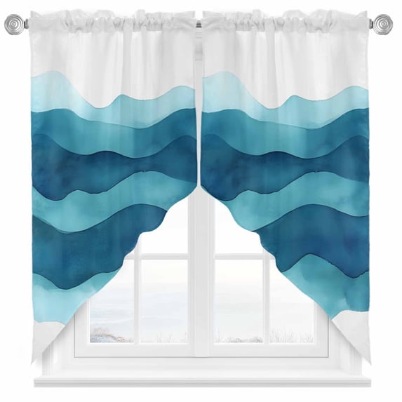 Abstract Turquoise Swag Curtain Valance for Windows, Water Ripple Watercolor Gradient Waves Window Treatments Short Swag Topper for Kitchen Windows Bathroom Bedroom, 36"x45"